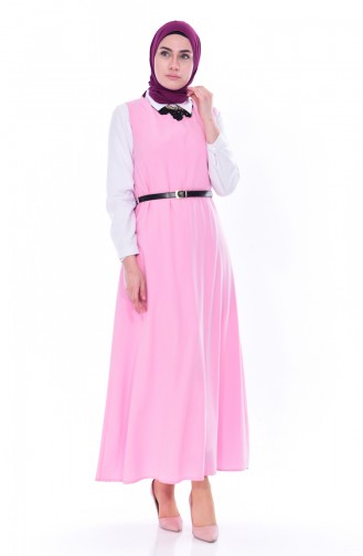 فستان بدون أكمام بتصميم حزام خصر 1018- 02 لون وردي 1018-02