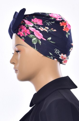Gemustertes Bonnet mit Schleifer 20002-05 Dunkelblau Pink 087-05