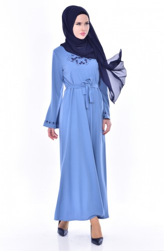 Nakışlı Elbise 9240-03 Mavi
