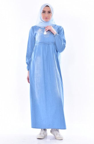 Nakışlı Kot Elbise 3600-01 Mavi