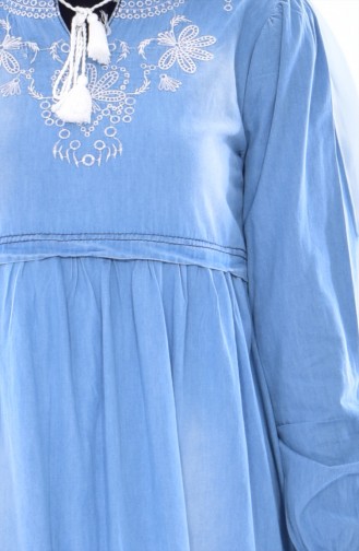 Nakışlı Kot Elbise 3600-01 Mavi