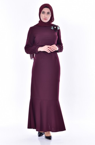 Brooch Detailed Dress 3484-04 Dark Claret Red 3484-04