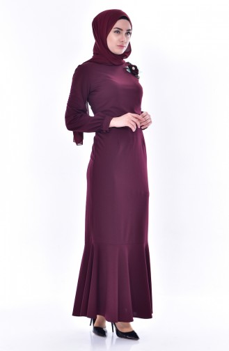 Brooch Detailed Dress 3484-04 Dark Claret Red 3484-04