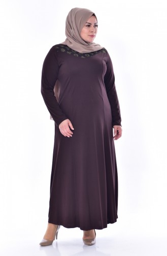 Büyük Beden Dantel Detaylı Elbise 4860-05 Kahverengi