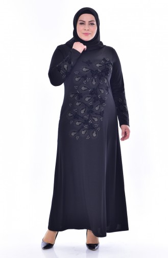 Büyük Beden Taş Baskılı Elbise 4826-03 Siyah
