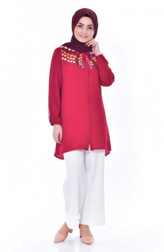 Nakışlı Asimetrik Tunik 0809-01 Bordo