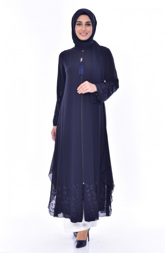 SUKRAN Stone Printed Abaya 35807-02 Navy Blue 35807-02