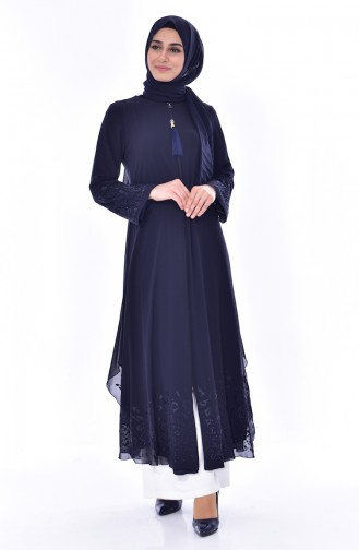 SUKRAN Stone Printed Abaya 35807-02 Navy Blue 35807-02