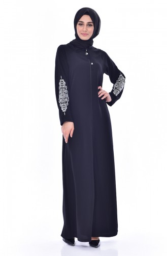 Embroidered And Stone Detailed Abaya 1788-01 Black 1788-01