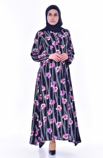 Flower Patterned Dress 4020-02 Navy Plum 4020-02