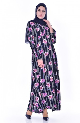 Flower Patterned Dress 4020-02 Navy Plum 4020-02