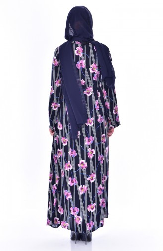 Flower Patterned Dress 4020-02 Navy Plum 4020-02