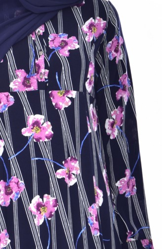 Flower Patterned Dress 4020-02 Navy Plum 4020-02