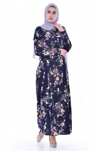 Flower Patterned Dress 4021-03 Navy 4021-03