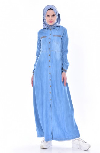 Taş Detaylı Kot Elbise 1838-01 Mavi
