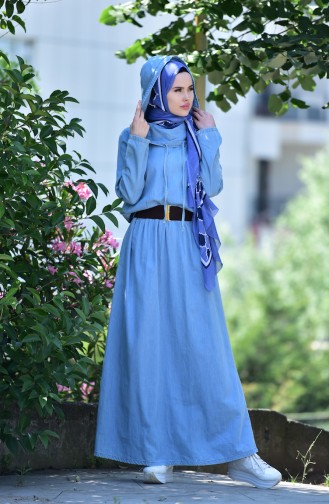 Kapüşonlu Kot Elbise 1207-01 Mavi