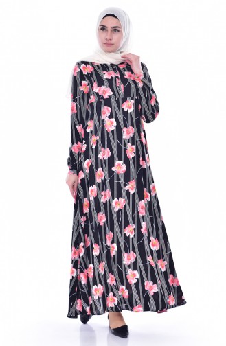 Flower Patterned Dress 4020-01 Coral Black 4020-01