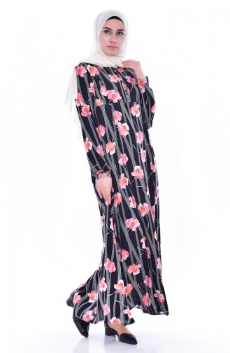 Flower Patterned Dress 4020-01 Coral Black 4020-01