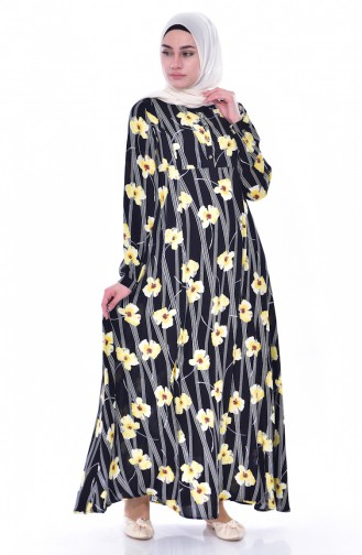 Flower Patterned Dress 4020-03 Black Yellow 4020-03