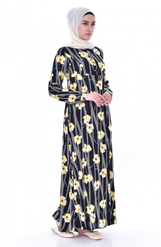 Robe a Motifs Fleurs 4020-03 Noir Jaune 4020-03