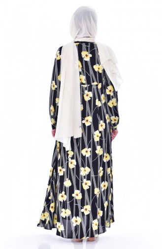 Flower Patterned Dress 4020-03 Black Yellow 4020-03