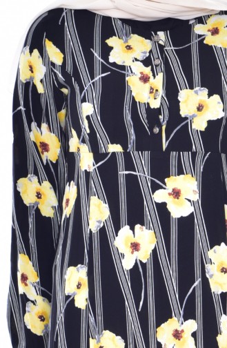 Flower Patterned Dress 4020-03 Black Yellow 4020-03