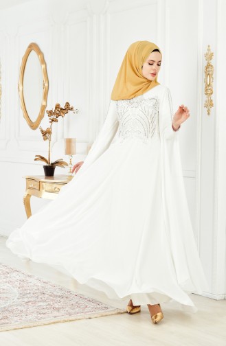 Ecru Hijab Evening Dress 52697-02