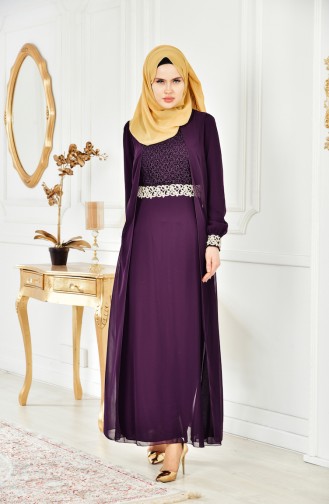 Guipure Detailed Chiffon Evening Dress 52622-09 Dark Purple 52622-09