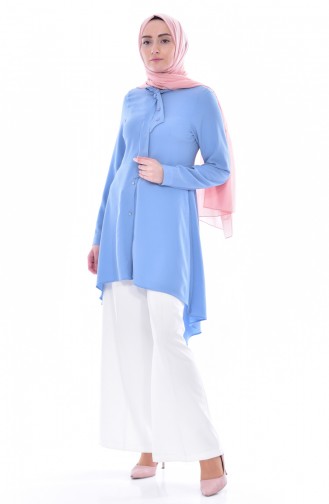 Buttoned Asymmetric Tunic 1805-04 Blue 1805-04