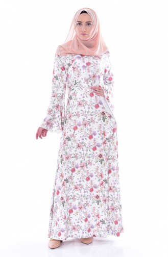 Çiçek Desenli Elbise 4569C-01 Ekru
