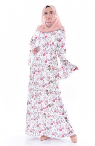 Çiçek Desenli Elbise 4569C-01 Ekru