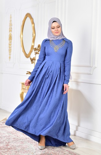 Asymmetrische Abendkleid mit Halskette 0511-04 İndigo 0511-04