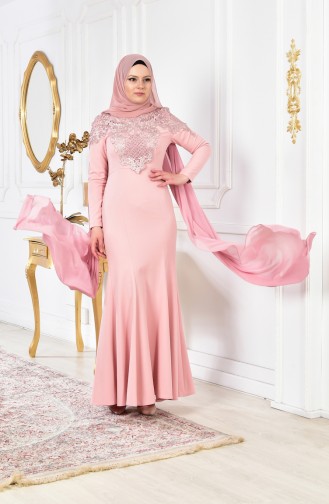 Powder Hijab Evening Dress 4010-03