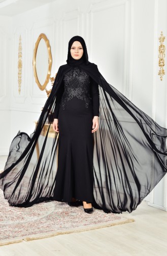 Black Hijab Evening Dress 4008-04