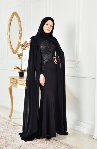 Black Hijab Evening Dress 4008-04