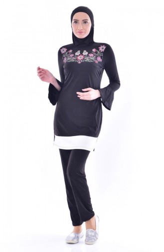 Bedruckter Hijab Badeanzug 1005-01 Siyah 1005-01
