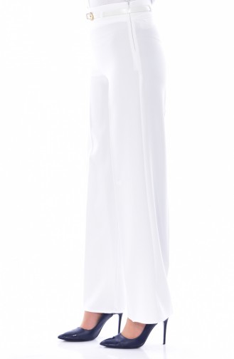 Kemerli Bol Paça Pantolon 6000-03 Beyaz