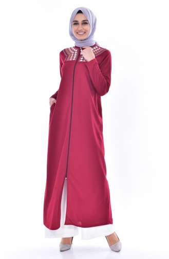 Embroidered Zippered Abaya 2017-04 Claret Red 2017-04