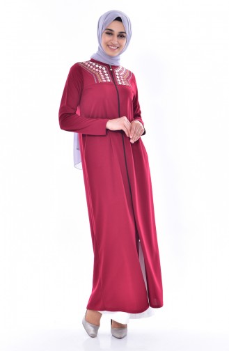 Embroidered Zippered Abaya 2017-04 Claret Red 2017-04