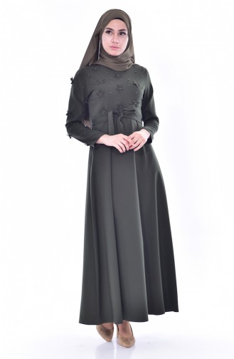 Hijab Kleid mit Gürtel 1085-06 Khaki Grün 1085-06