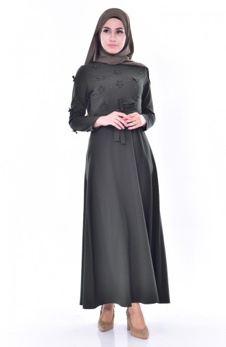 Hijab Kleid mit Gürtel 1085-06 Khaki Grün 1085-06