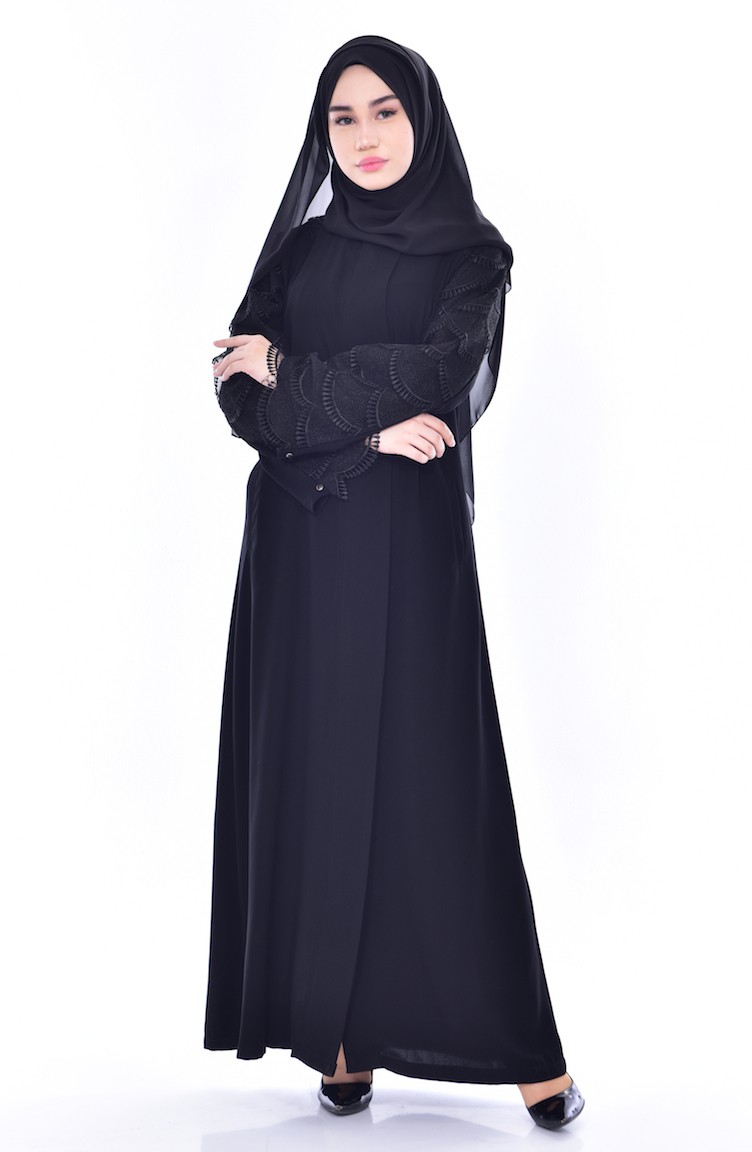 Cift Kol Dantelli Ferace Df 1134 09 Haki Abaya Modasi Islami Giyim Elbise