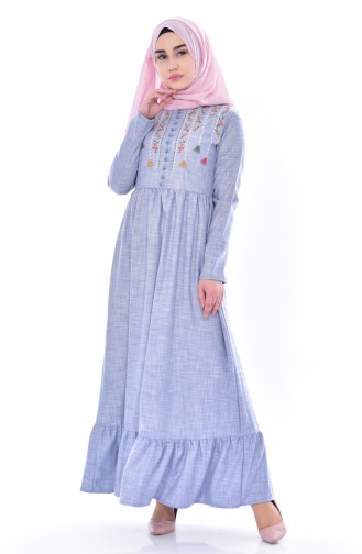 Eteği Büzgülü Nakışlı Elbise 3654-03 Mavi