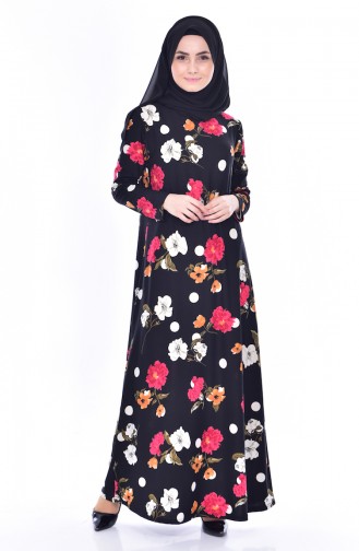 Çiçek Desenli Elbise 7076-01 Siyah