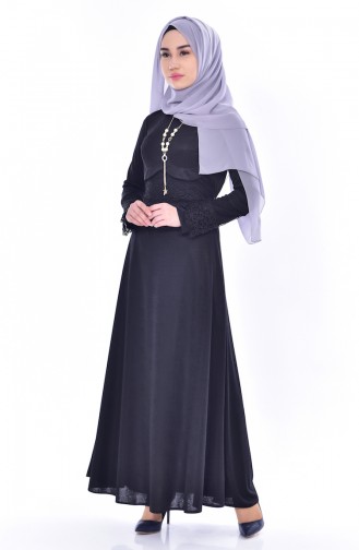 Spitzen Kleid mit Gürtel 1182-04 Schwarz 1182-04