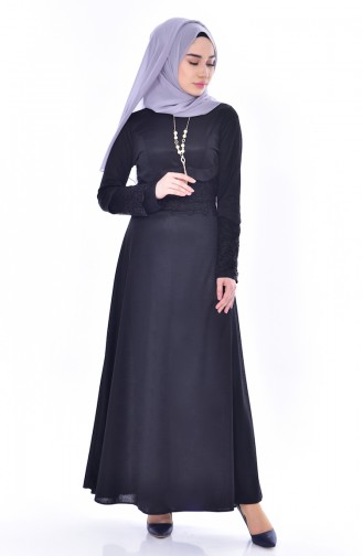 Spitzen Kleid mit Gürtel 1182-04 Schwarz 1182-04