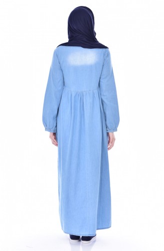 Nakışlı Kot Elbise 3630-02 Açık Mavi