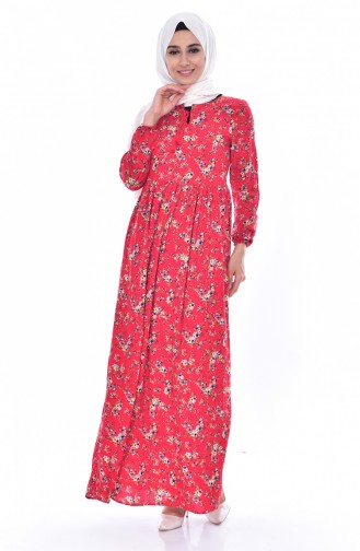 Çiçekli Viskon Elbise 3657-02 Kırmızı