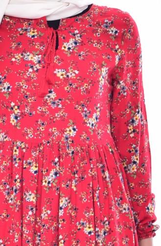 Çiçekli Viskon Elbise 3657-02 Kırmızı