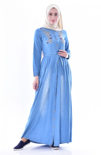 Nakışlı Kot Elbise 0022-01 Kot Mavi